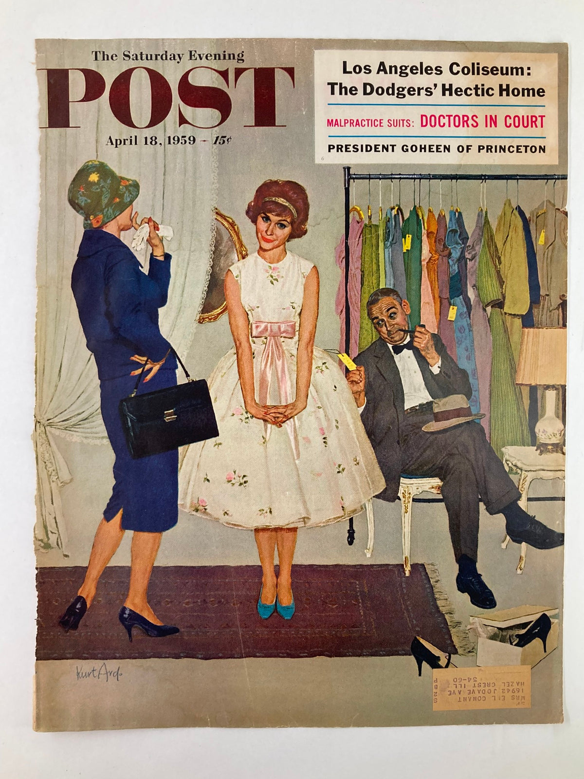 Cover of The Saturday Evening Post, April 18, 1959 highlighting President Goheen of Princeton, featuring a colorful 1950s scene with elegantly dressed characters and vibrant clothing.