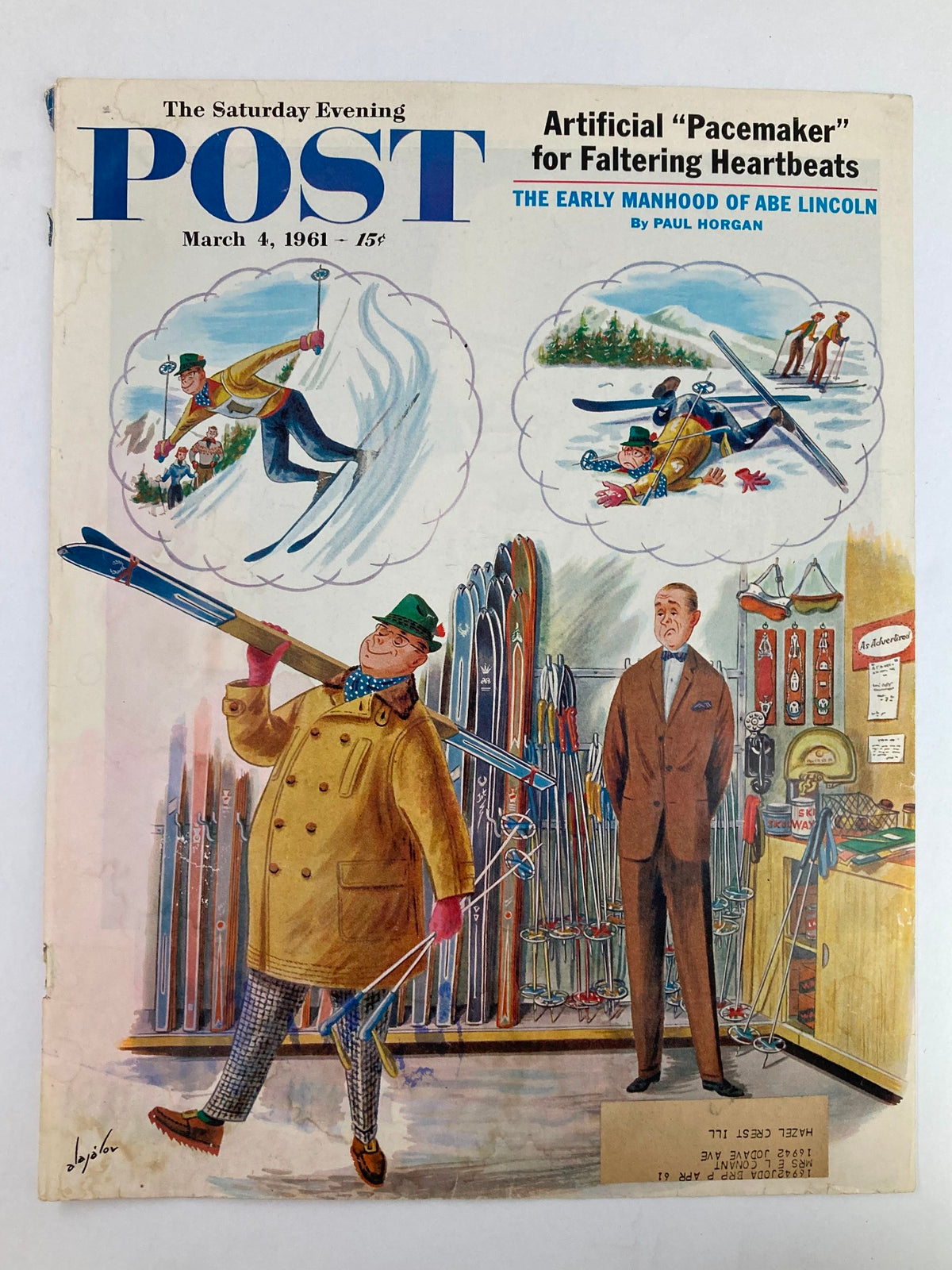 Cover art of The Saturday Evening Post, March 4, 1961, showcasing 'The Early Manhood of Abe Lincoln.' Colorful illustration featuring a character in winter attire, ski equipment, and skiers depicted in thought bubbles, emphasizing vintage magazine charm.