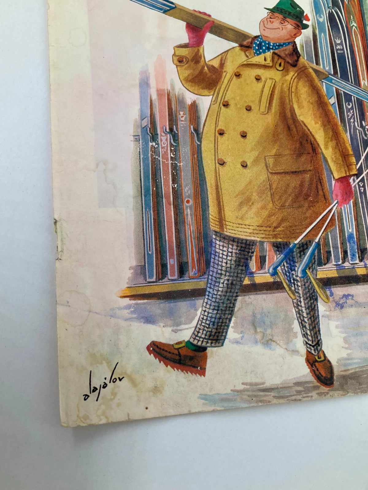 Vintage magazine cover featuring the Saturday Evening Post from March 4, 1961, illustrating the theme 'Early Manhood of Abe Lincoln'. The cover shows an illustrated figure in a yellow coat carrying ski poles, showcasing historical significance and charming artistry.