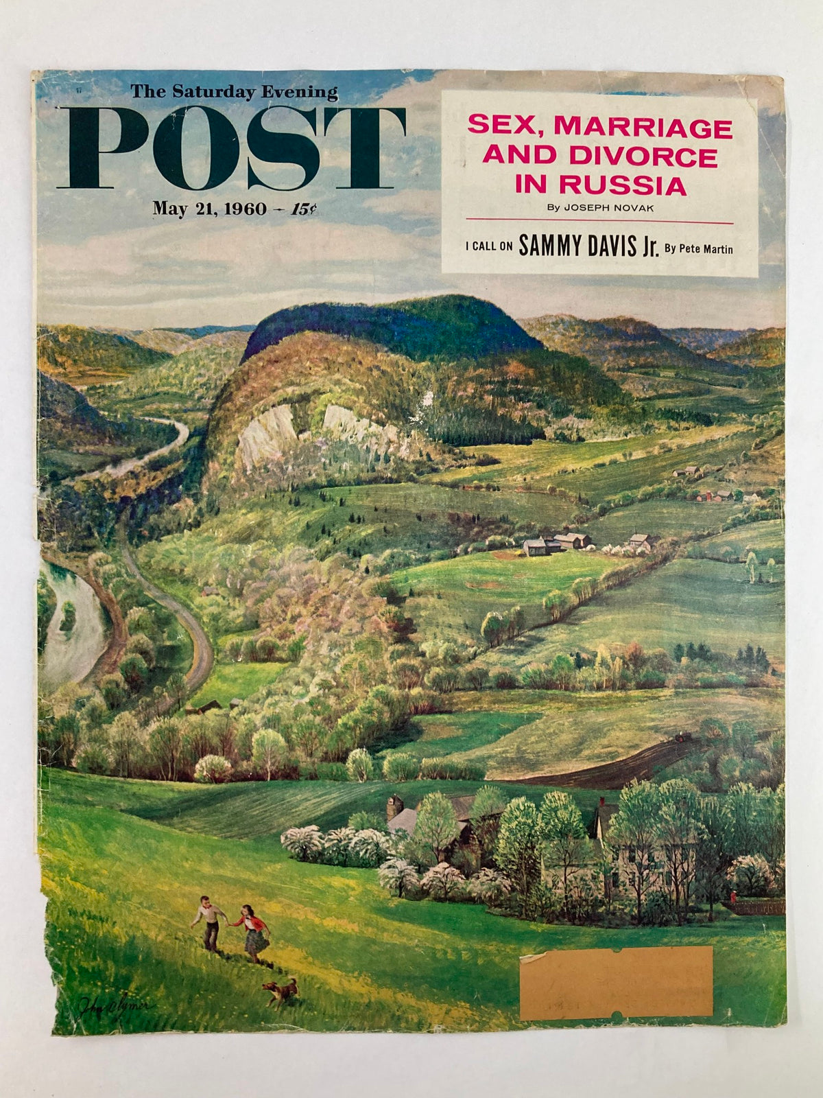 Vintage cover of The Saturday Evening Post dated May 21, 1960, showcasing a picturesque countryside scene with people and a dog, featuring the title "I Call on Sammy Davis Jr." and an article about sex, marriage, and divorce in Russia.