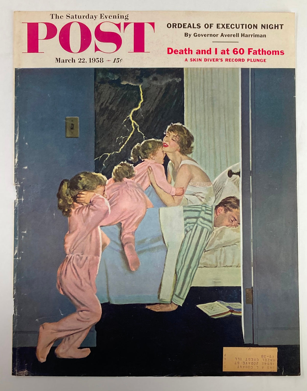 The Saturday Evening Post cover from March 22, 1958, showcasing 'Ordeals of Execution Night' with an artistic depiction of a mother and her children reacting to a storm, complete with classic vintage aesthetic.