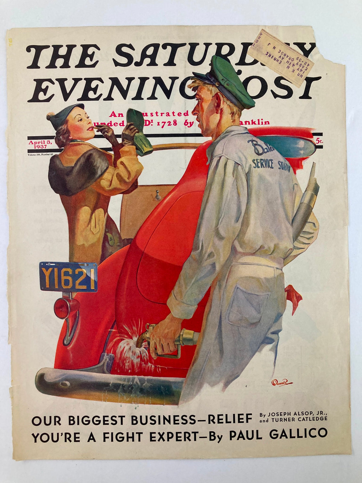 COVER ONLY The Saturday Evening Post April 3 1937 You're A Fight Expert, highlighting a nostalgic scene of a woman and a mechanic with a classic automobile, representing 1930s Americana.