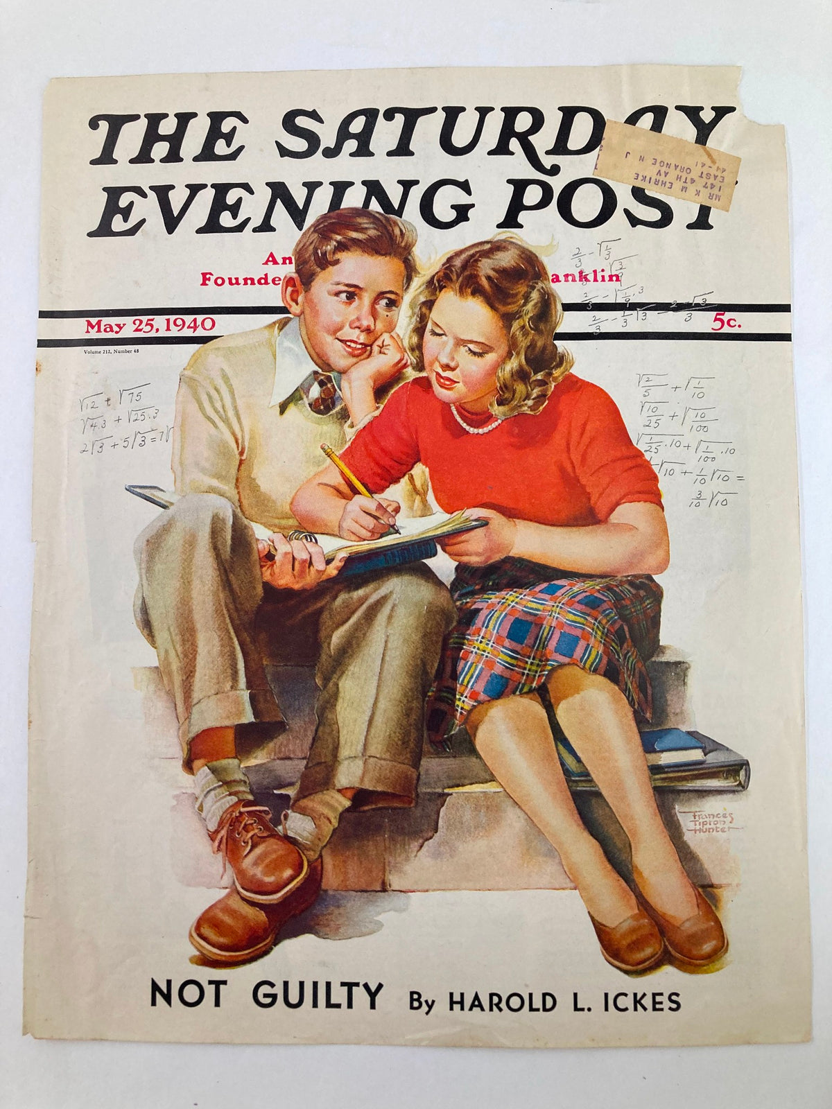 Vintage cover of The Saturday Evening Post, dated May 25, 1940, showcasing 'Not Guilty' by Harold L. Ickes, illustrating a boy and a girl engaged in schoolwork.