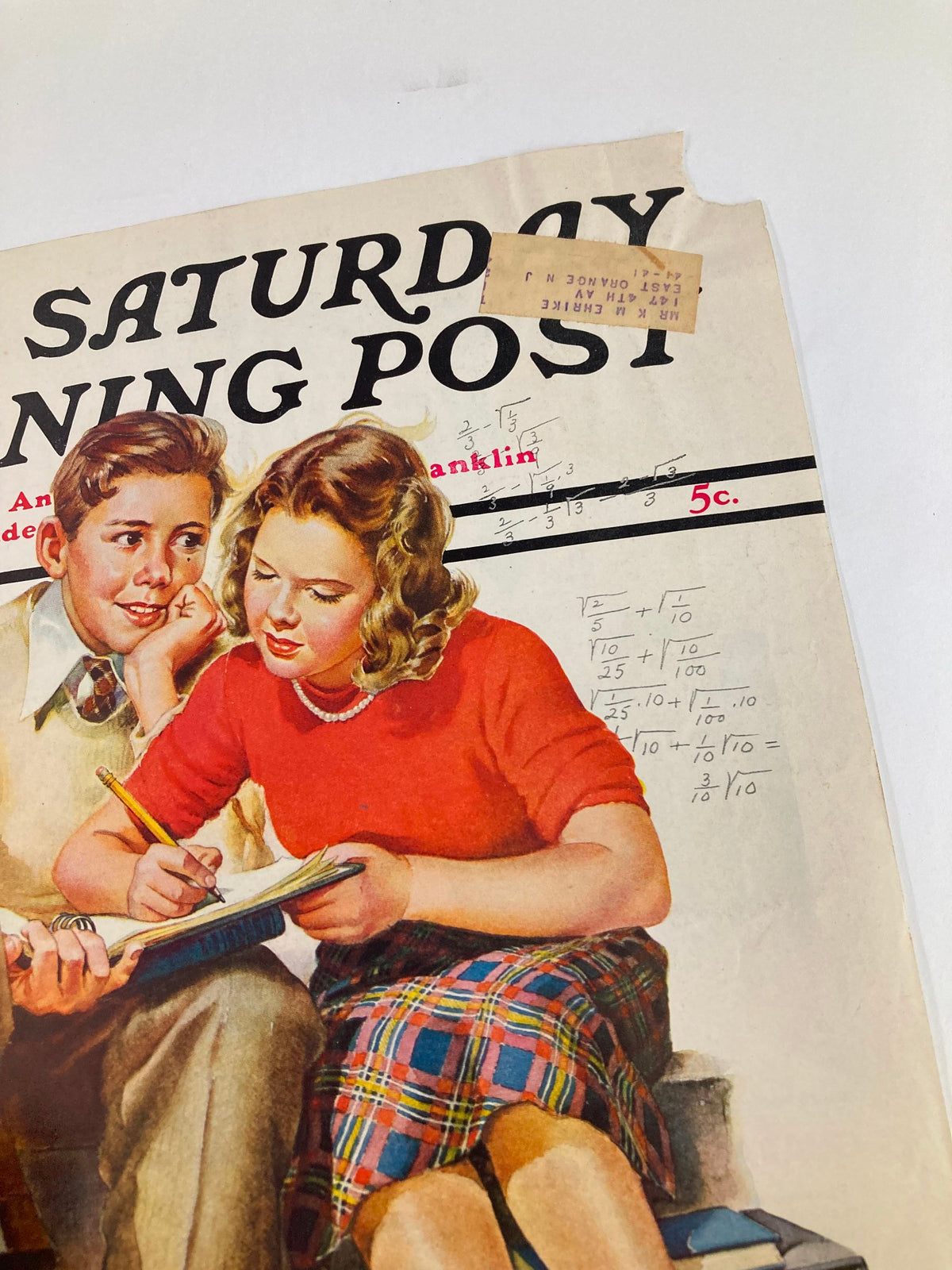 Close-up of The Saturday Evening Post cover from May 25, 1940, titled 'Not Guilty' by Harold L. Ickes, highlighting details of the artwork and handwritten notes.