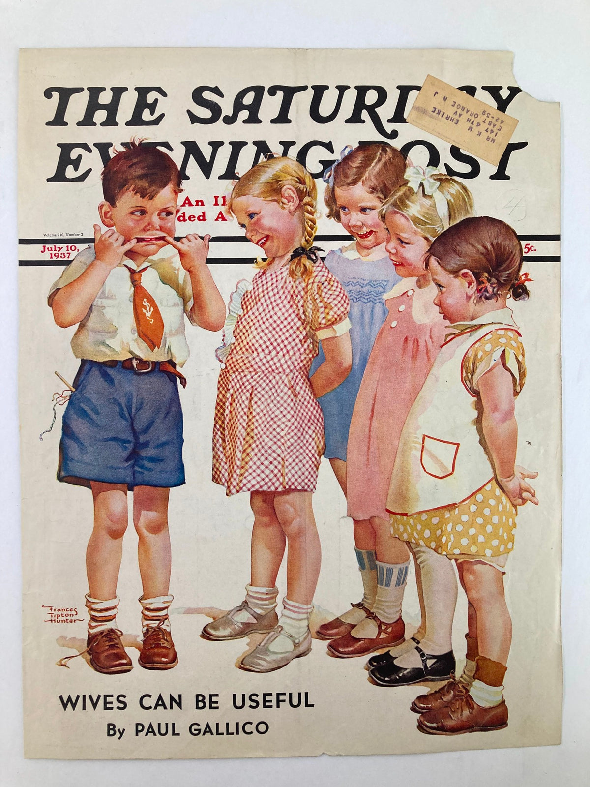 The Saturday Evening Post cover from July 10, 1937, featuring a group of kids smiling and interacting under the title 'Wives Can Be Useful'. Showcases vintage design and nostalgic charm.