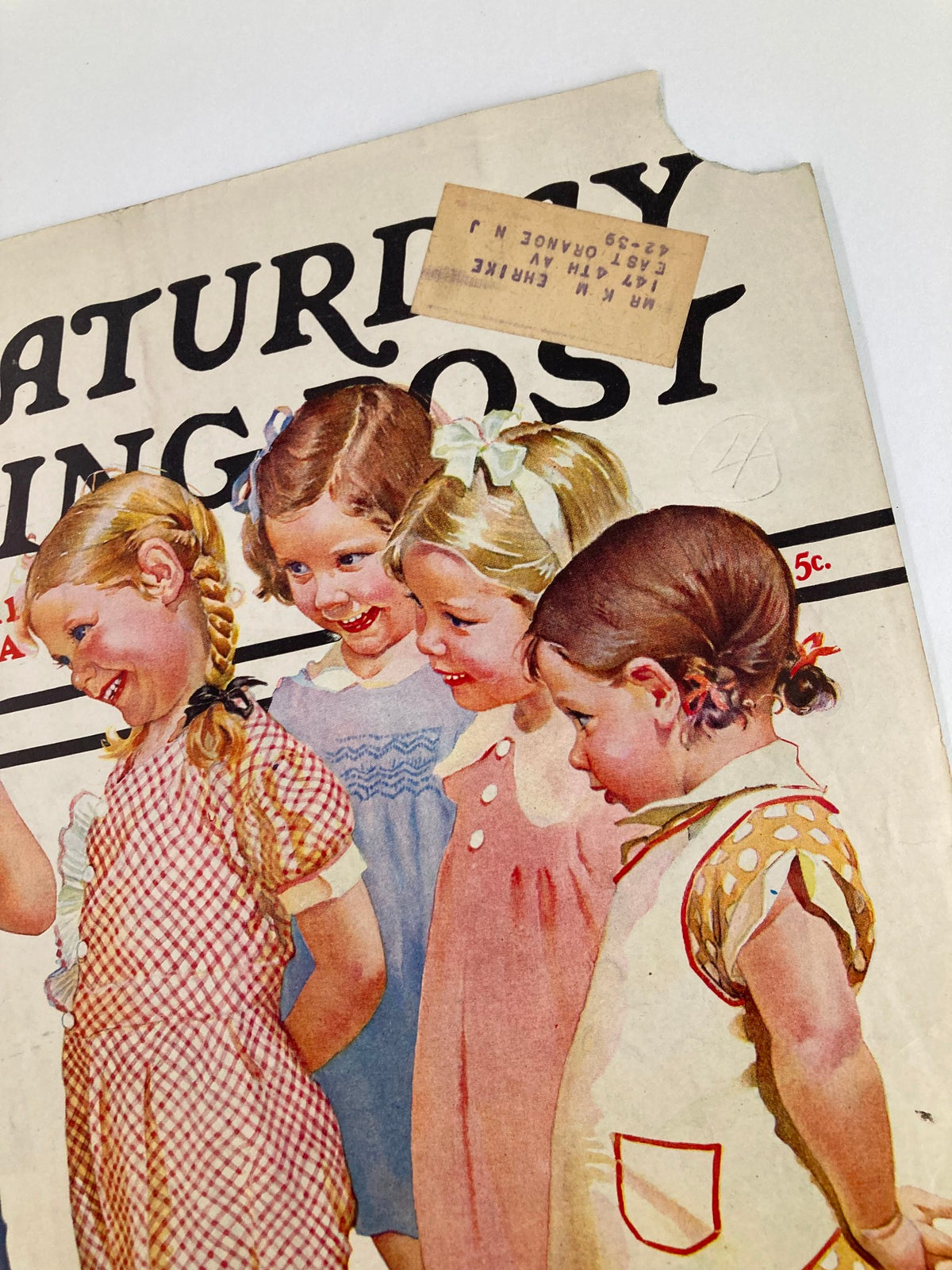 Close-up of the July 10, 1937 cover of The Saturday Evening Post, highlighting four girls and a boy with the caption 'Wives Can Be Useful'. The image reflects the playful innocence of children during the 1930s.