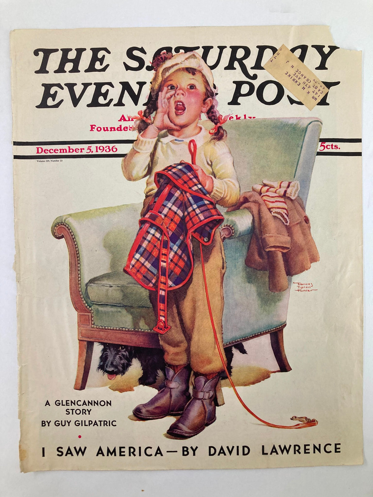 Cover of The Saturday Evening Post from December 5, 1936, featuring a young girl holding a plaid jacket, seated on a green armchair, with a charming nostalgic illustration, titled "I Saw America."
