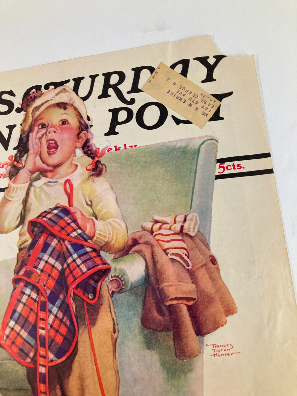 Close-up of the cover of The Saturday Evening Post December 5, 1936, showcasing the illustrated young girl and plaid clothing, part of the nostalgic series titled "I Saw America."