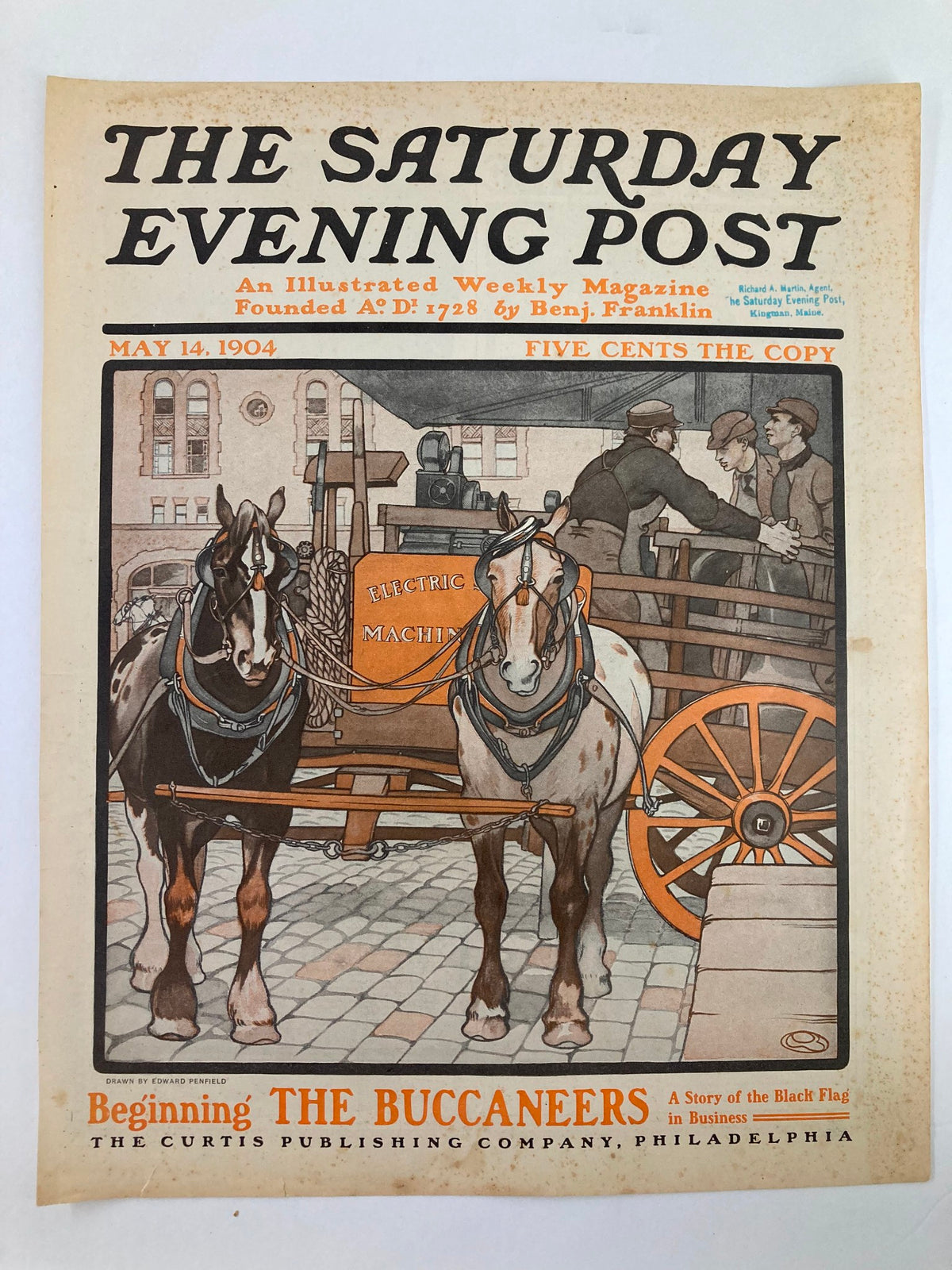 Vintage cover of The Saturday Evening Post dated May 14 1904, highlighting the starting point of The Buccaneers with illustrated horses pulling a cart.