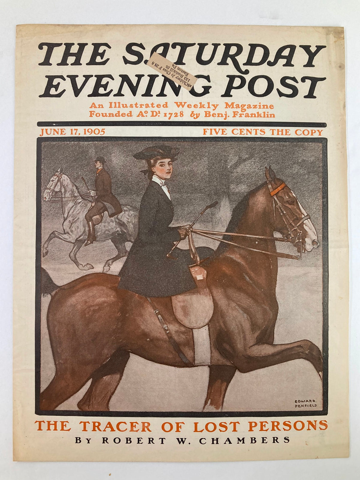 COVER ONLY The Saturday Evening Post June 17 1905 The Tracer of Lost Persons, depicting a stylish woman on horseback, exemplifying classic magazine design.