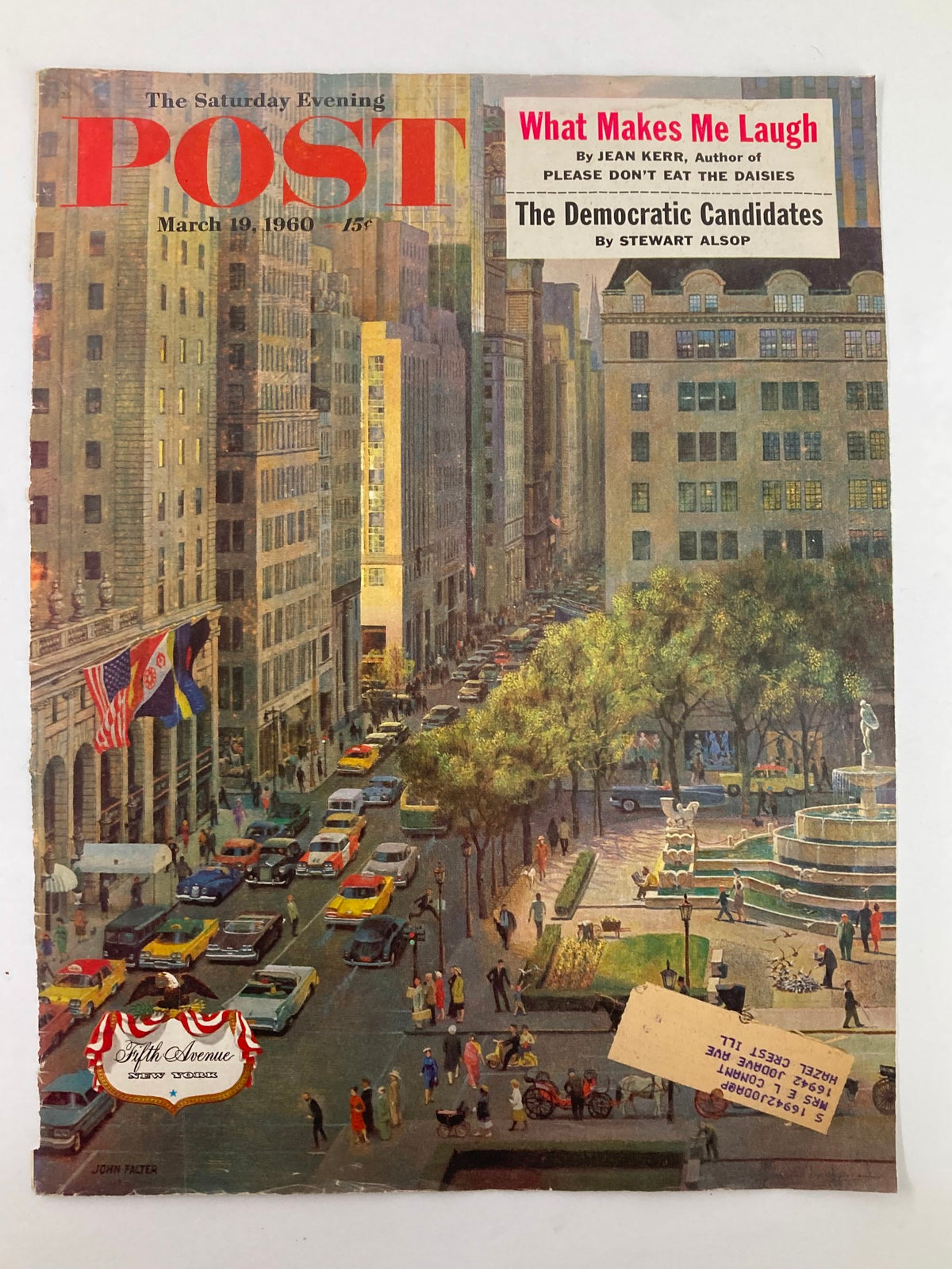 Vintage cover of The Saturday Evening Post dated March 19, 1960, highlighting The Democratic Candidates, with a lively depiction of Fifth Avenue, including classic cars, people walking, and city buildings.