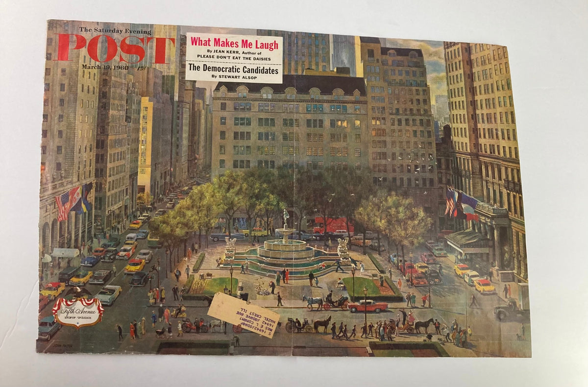 Cover of The Saturday Evening Post from March 19, 1960, featuring The Democratic Candidates, depicting a bustling city scene with vintage cars and people in a public park.