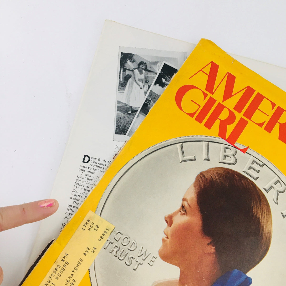 Close-up of American Girl Magazine April 1969 showing the article 'A Girl and Her Money' alongside the Liberty coin, highlighting its historical significance and collectible value.