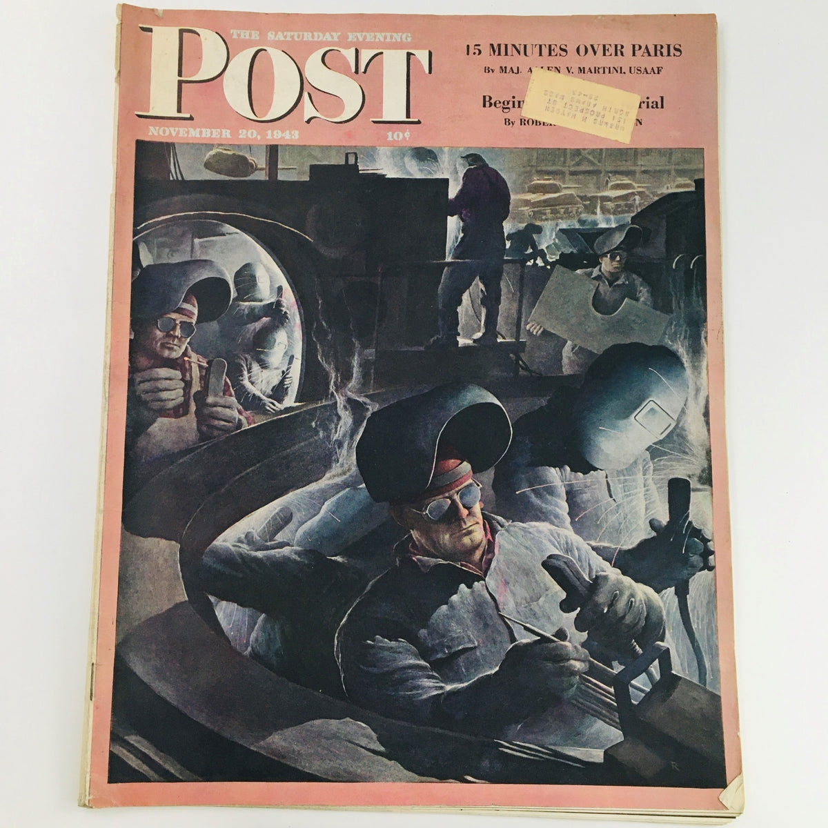 Cover of The Saturday Evening Post from November 20, 1943, featuring a striking illustration related to wartime industry, showcasing workers in protective gear and dark surroundings, capturing the essence of American labor during World War II.