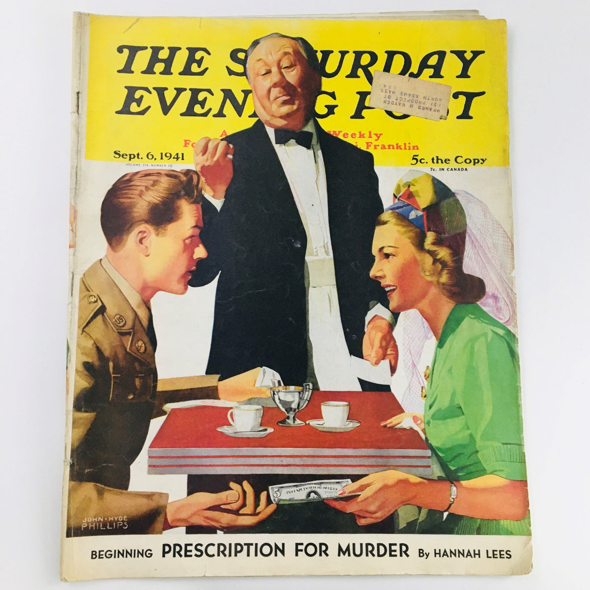 Cover illustration of The Saturday Evening Post, September 6, 1941, created by John Hyde Phillips. It features a waiter serving drinks to a soldier and a woman at a table, illustrating mid-20th century Americana.
