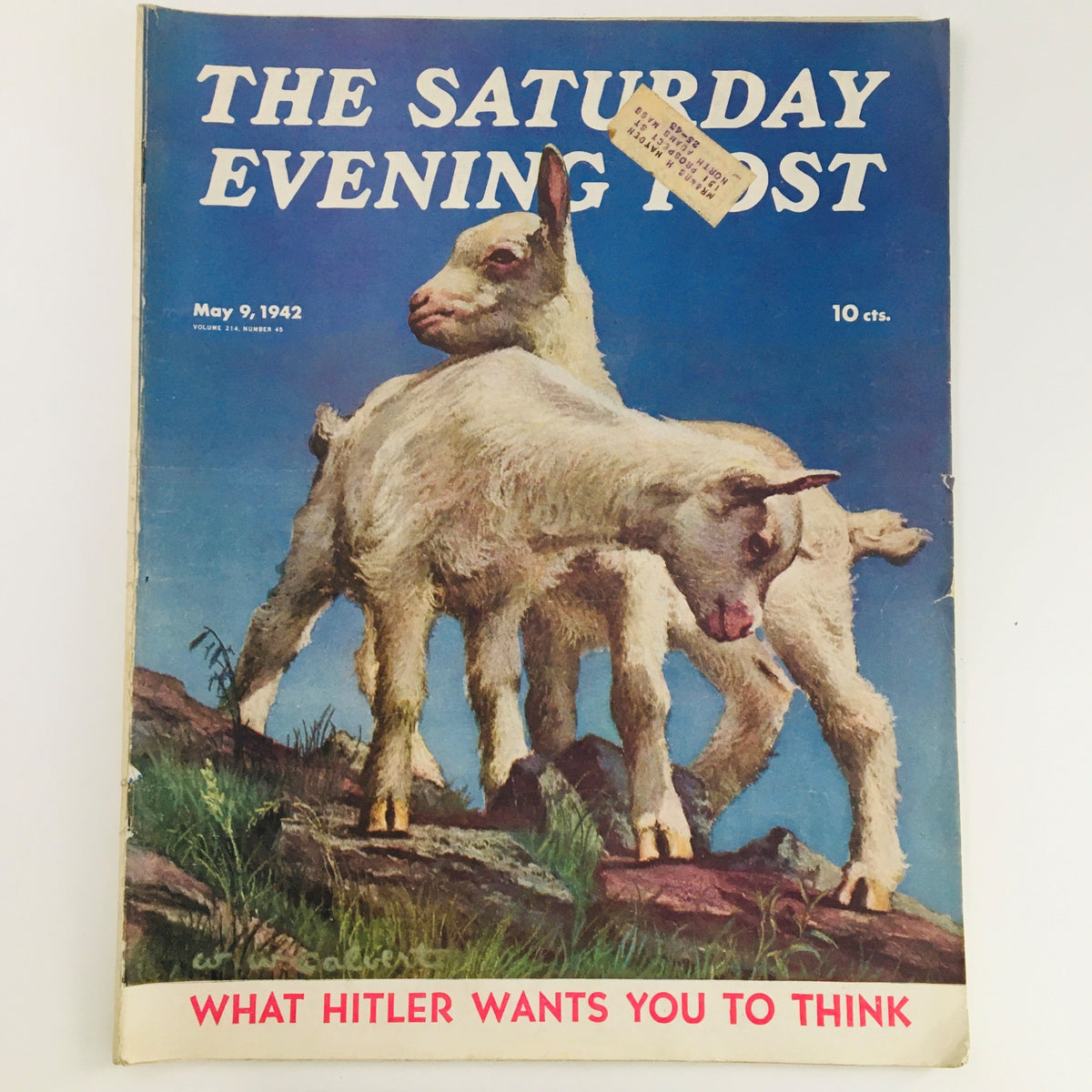 Cover of The Saturday Evening Post from May 9, 1942, featuring two young goats on a rocky landscape, with the title "What Adolf Hitler Wants You To Think." The magazine is in good condition with an address label on the front.
