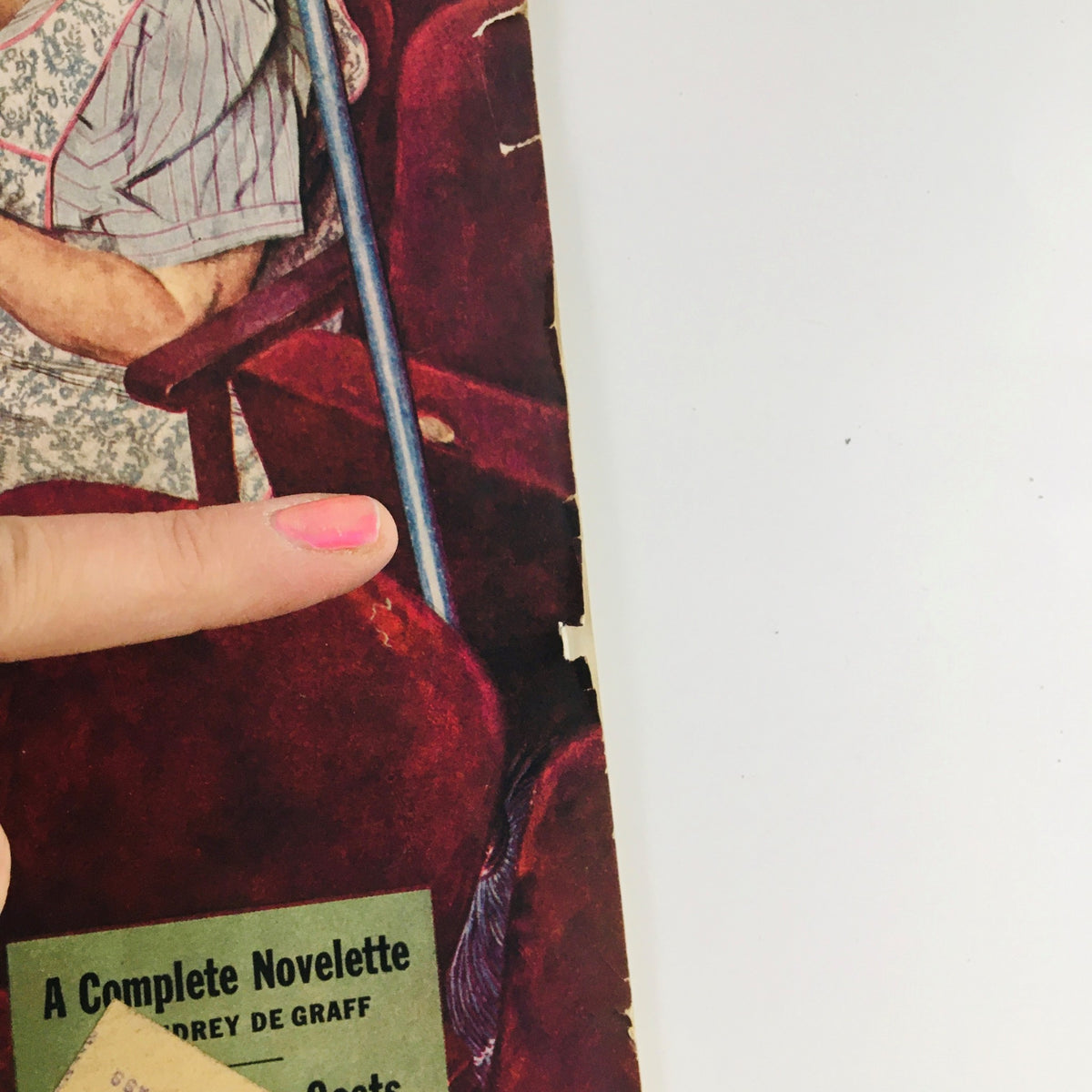 Close-up of The Saturday Evening Post cover from April 6 1946, highlighting a woman pointing at a playbill, with a vintage Norman Rockwell painting aesthetic.