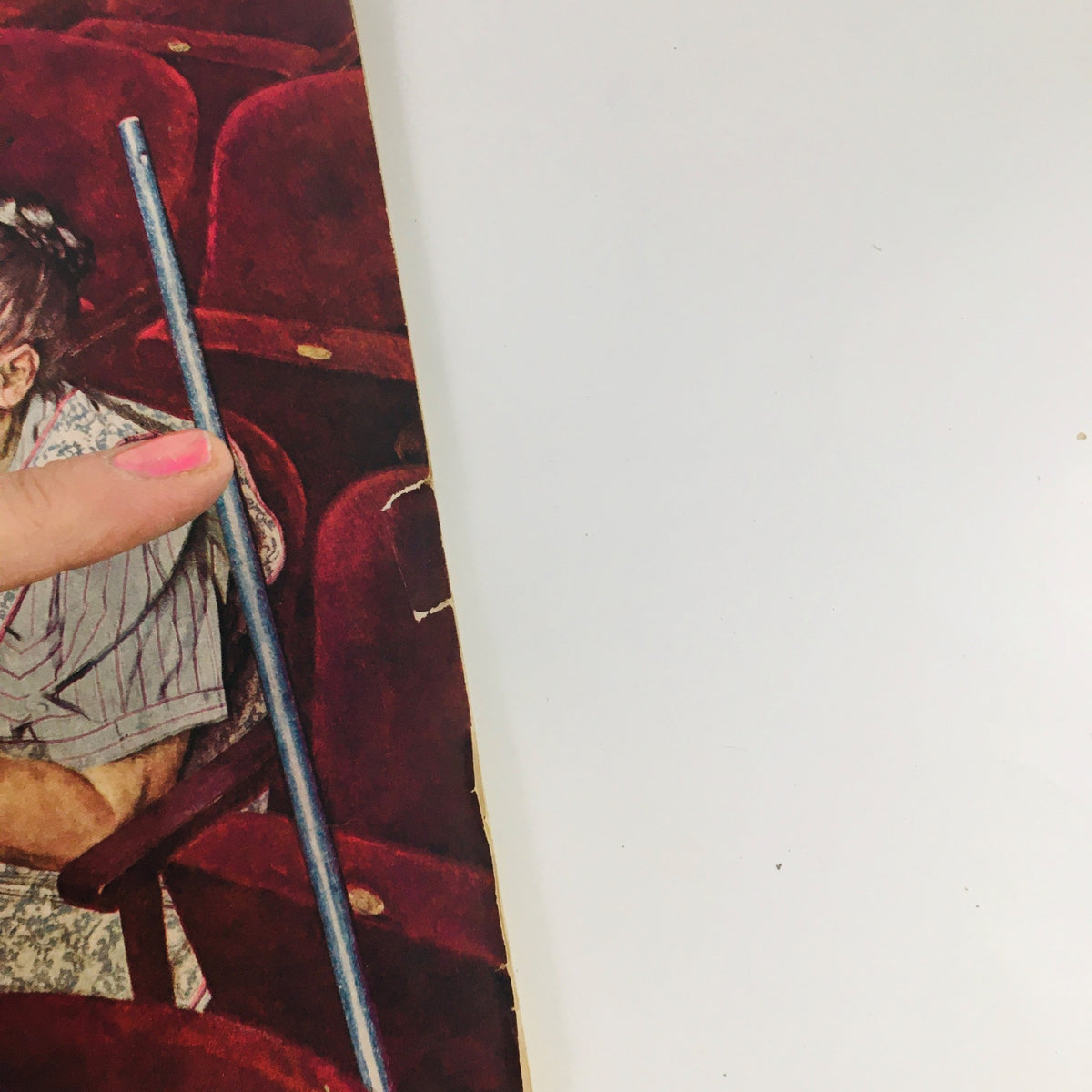 Detail of The Saturday Evening Post cover from April 6 1946, showing another woman reading a playbill, emphasizing the nostalgia of post-war America.