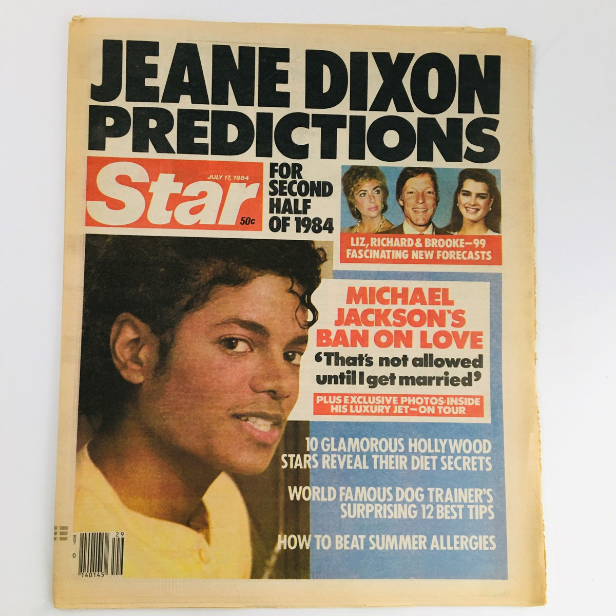Cover of Star Newspaper from July 17, 1984, featuring Michael Jackson and Jeane Dixon predictions. The headline highlights Michael Jackson's ban on love, alongside predictions for Hollywood stars and other celebrity news.