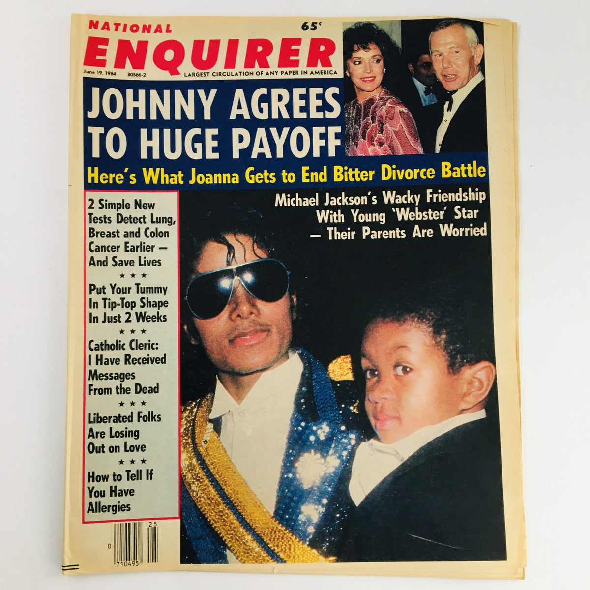 Cover of National Enquirer Magazine dated June 19, 1984 featuring Michael Jackson and a young boy, showcasing stories about celebrity culture, including Johnny's divorce battle and health tips.