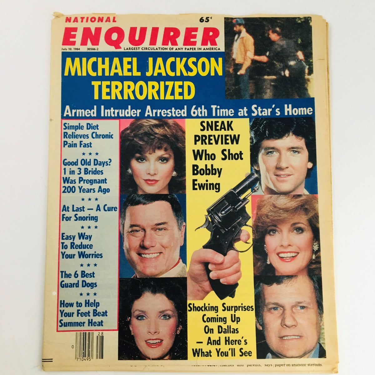 National Enquirer Magazine cover from July 10, 1984 featuring the headline 'Michael Jackson Terrorized.' The cover includes sensational stories about Michael Jackson and Bobby Ewing, showcasing a vintage design with vibrant colors and images of various celebrities associated with the articles.