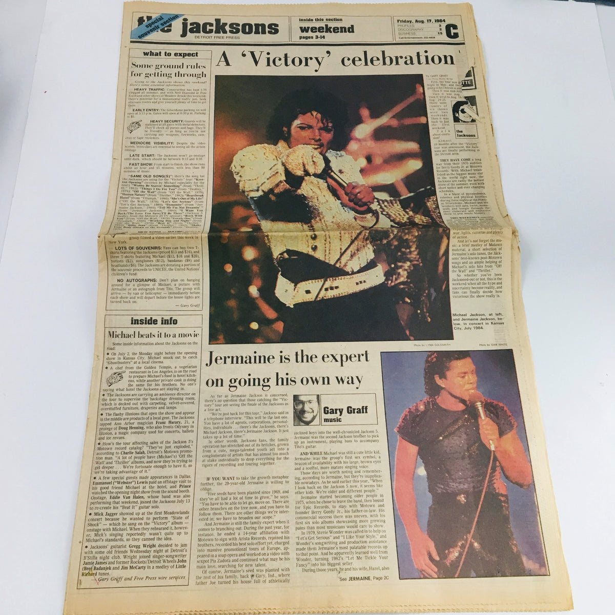 Detroit Free Press August 17, 1984 issue featuring The Jacksons & Michael Jackson Celebration. The cover includes a prominent article titled 'A 'Victory' celebration' with images of Michael Jackson performing.