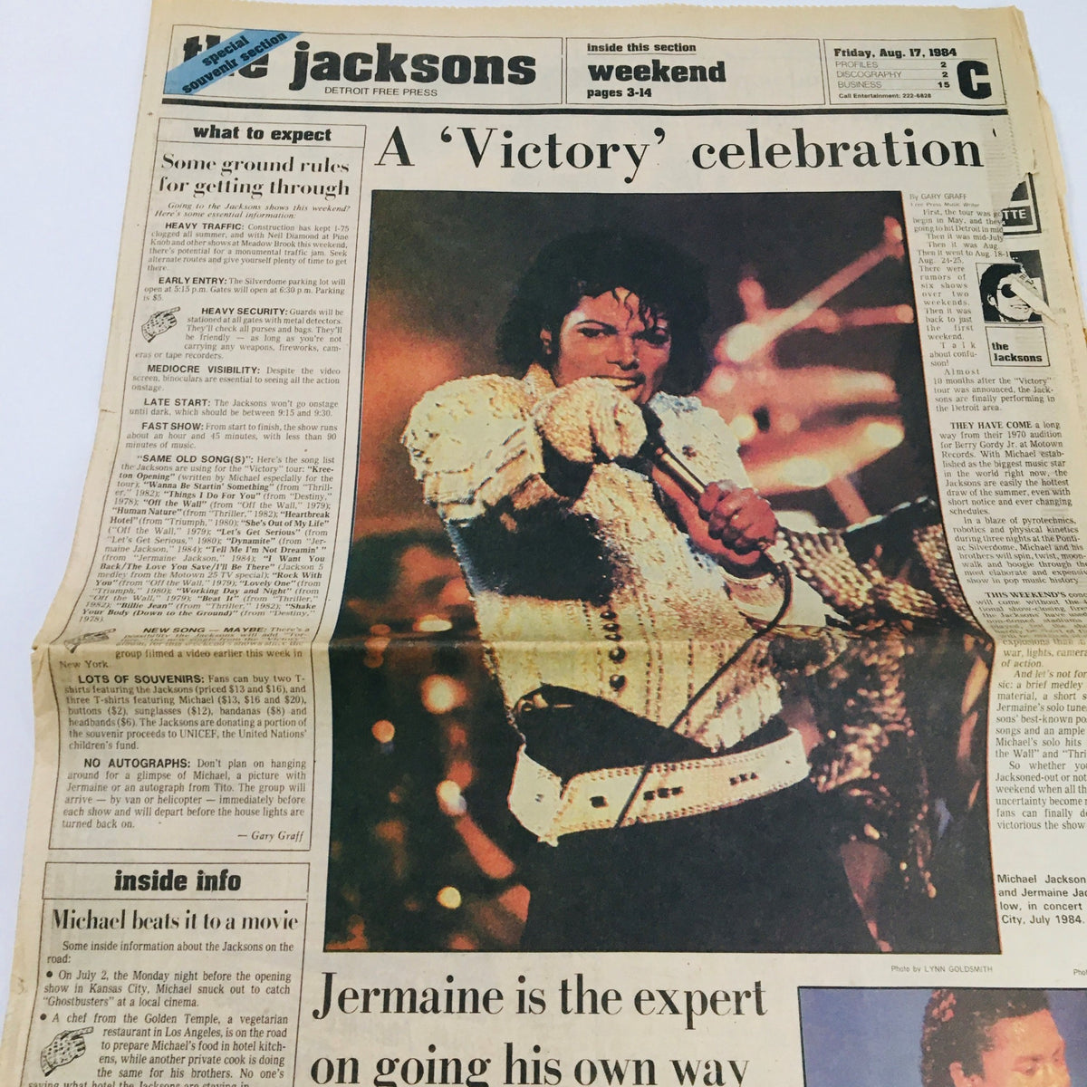 Detroit Free Press August 17, 1984 issue highlighting The Jacksons & Michael Jackson Celebration. Cover shows a striking image of Michael Jackson and text discussing concert details and the Jacksons' impact.