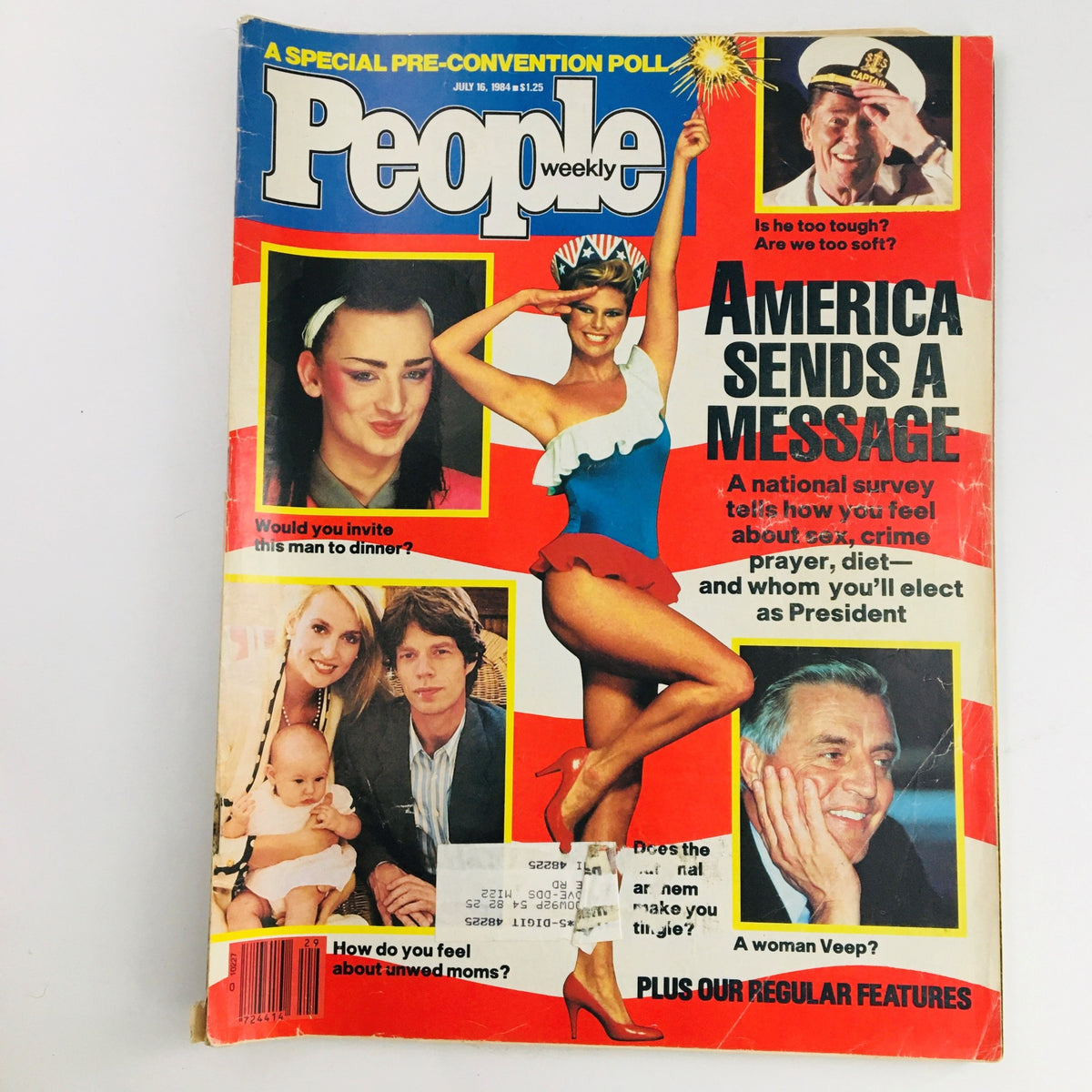 People Weekly Magazine July 16 1984 cover featuring colorful graphics, model in patriotic attire, and highlights celebrity culture. Includes images of stars like Mick Jagger, Bob Dylan, and Tab Hunter. A must-have for vintage magazine collectors.