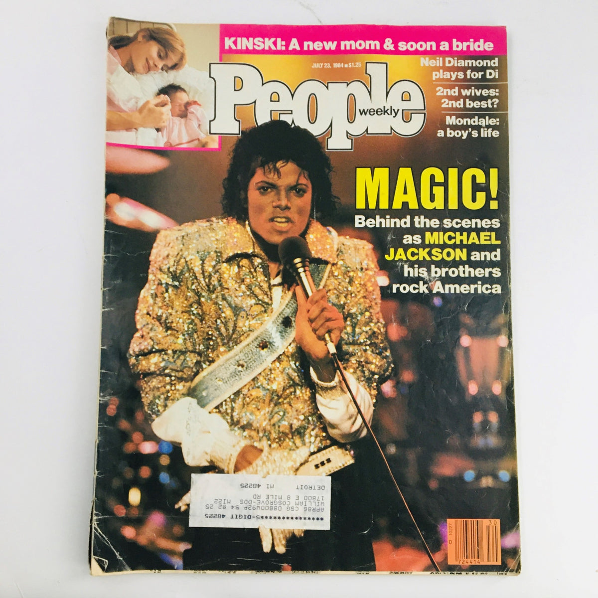 Cover of People Weekly Magazine dated July 23, 1984, featuring Michael Jackson in a sparkling outfit and a headline about his behind-the-scenes moments with his brothers, alongside an image of Nastassja Kinski and a label stating 'KINSKI: A new mom & soon a bride.'