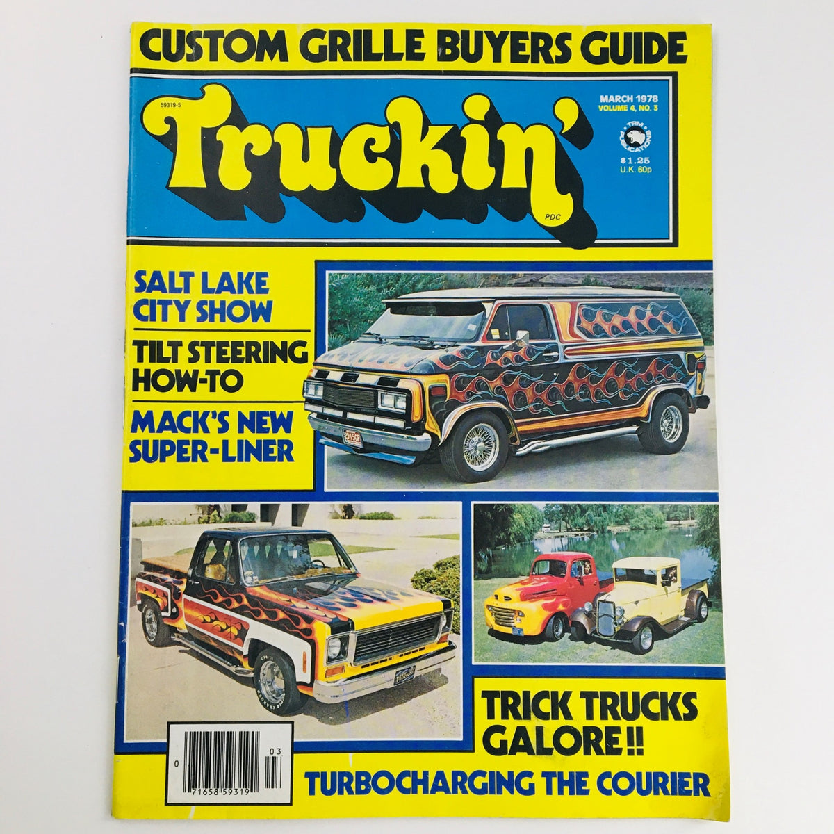 Cover of Truckin' Magazine March 1978 Vol 4 #3 featuring vibrant graphics of custom trucks including a colorful pickup and van, emphasizing topics like 'Trick Truck Galore' and 'Turbocharging the Courier'.