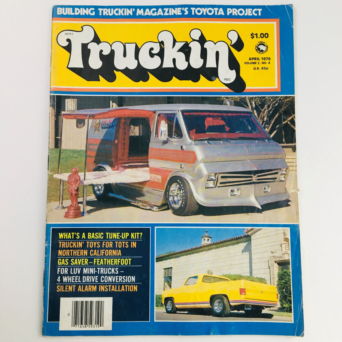 Cover of Truckin' Magazine April 1976, Volume 2, Issue 4 featuring a customized truck showcased for the Toys for Tots event in North Carolina.