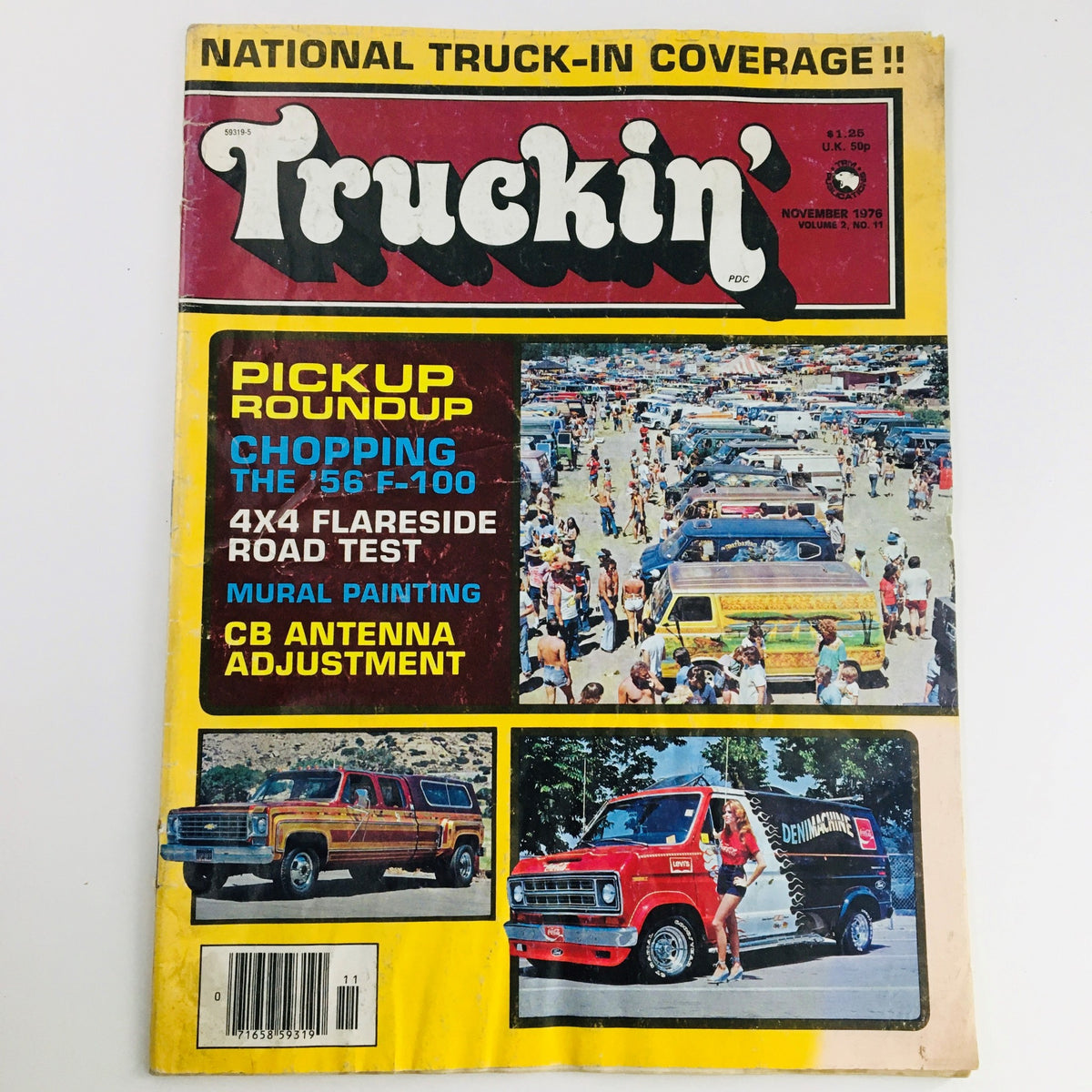 Truckin' Magazine November 1976 cover featuring a '56 Ford-100, flareside road test highlights, and vibrant truck culture imagery.