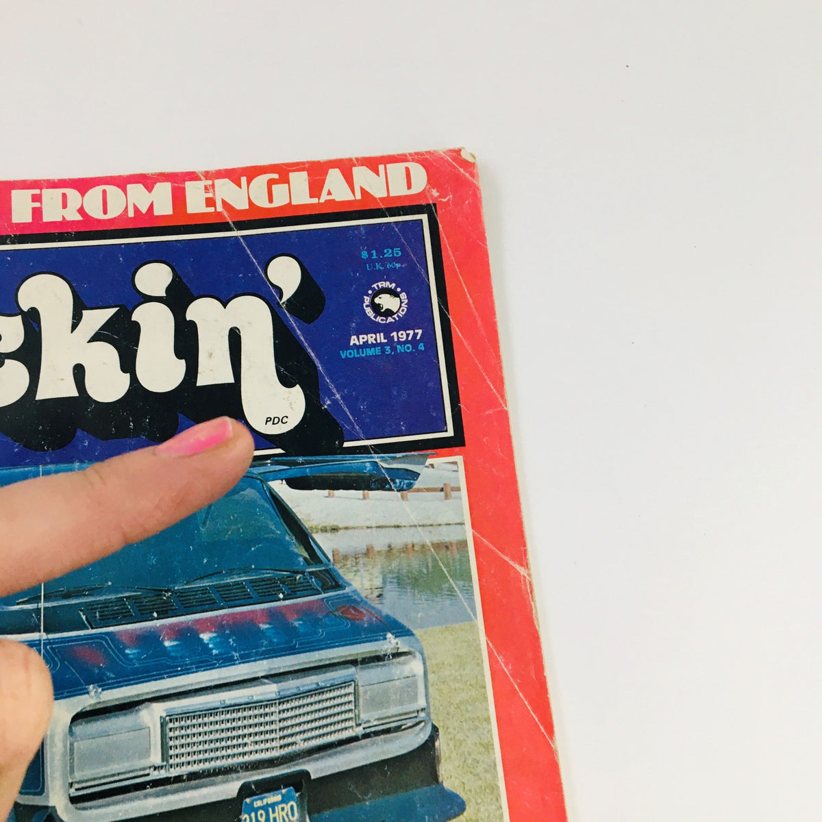 Front cover detail of Truckin' Magazine April 1977 Vol 3 #4 showcasing the title 'Truckin'' and the publication details with a custom van image.
