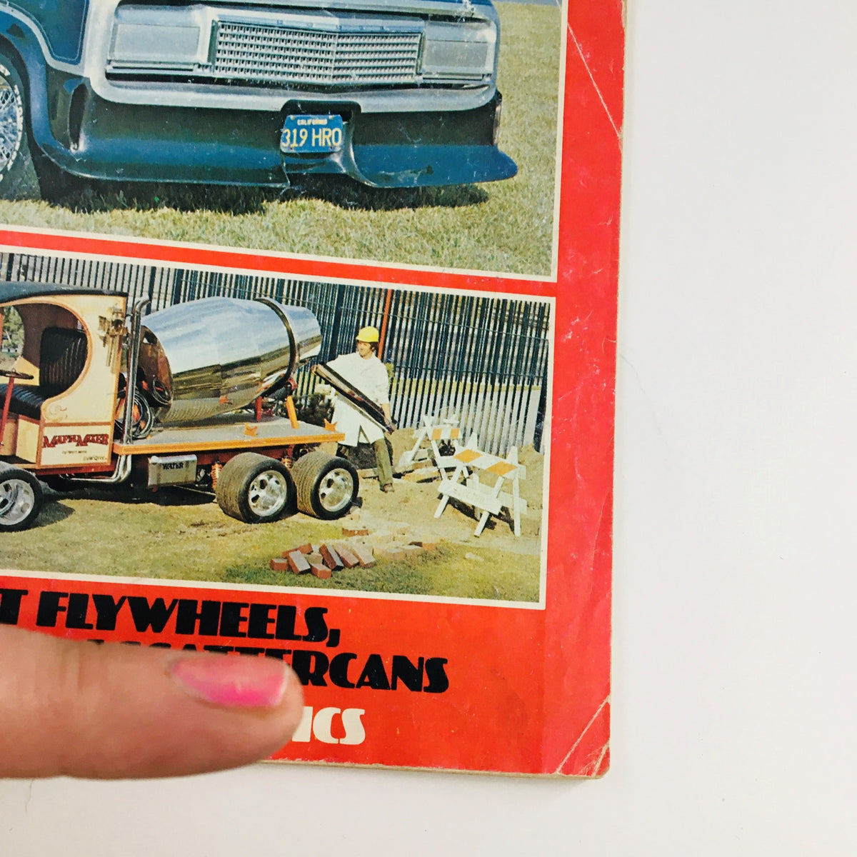 Back cover of Truckin' Magazine April 1977 Vol 3 #4 displaying an image of a truck and a worker near shiny equipment, emphasizing vintage automotive themes.