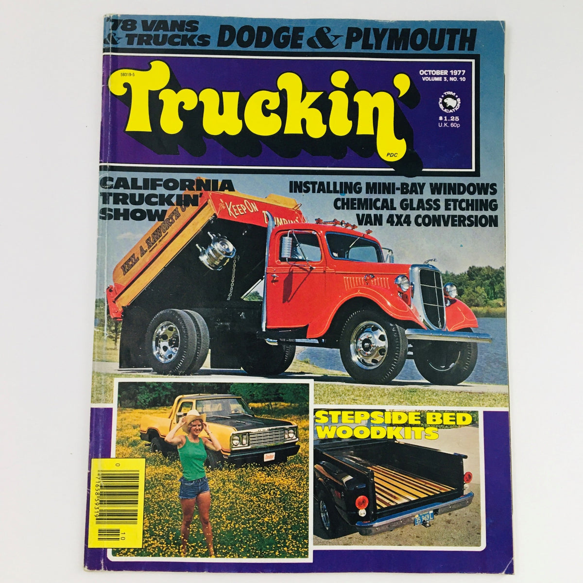 Truckin' Magazine cover from October 1977, Volume 3, Issue 10, showcasing vintage vans and trucks, featuring a red truck in the foreground, a woman standing in a field, and a stepside truck bed, with titles on van 4x4 conversion and woodkits.
