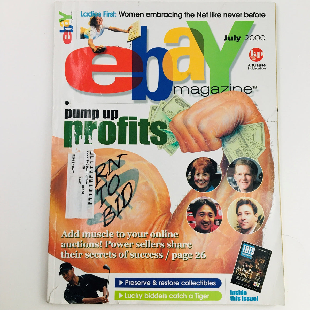 Cover of eBay Magazine from July 2000, titled 'Pump Up Profits', featuring a bold design focused on online auctions and collectibles.