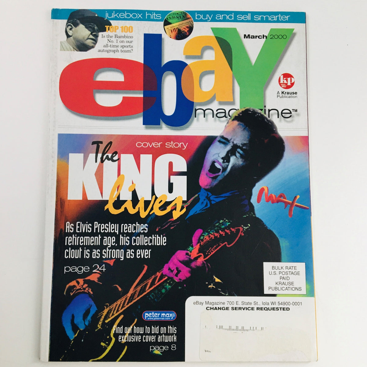eBay Magazine March 2000 featuring The King Elvis Presley Lives cover story, showcasing Elvis with a guitar, highlighting his enduring legacy and collectibles.