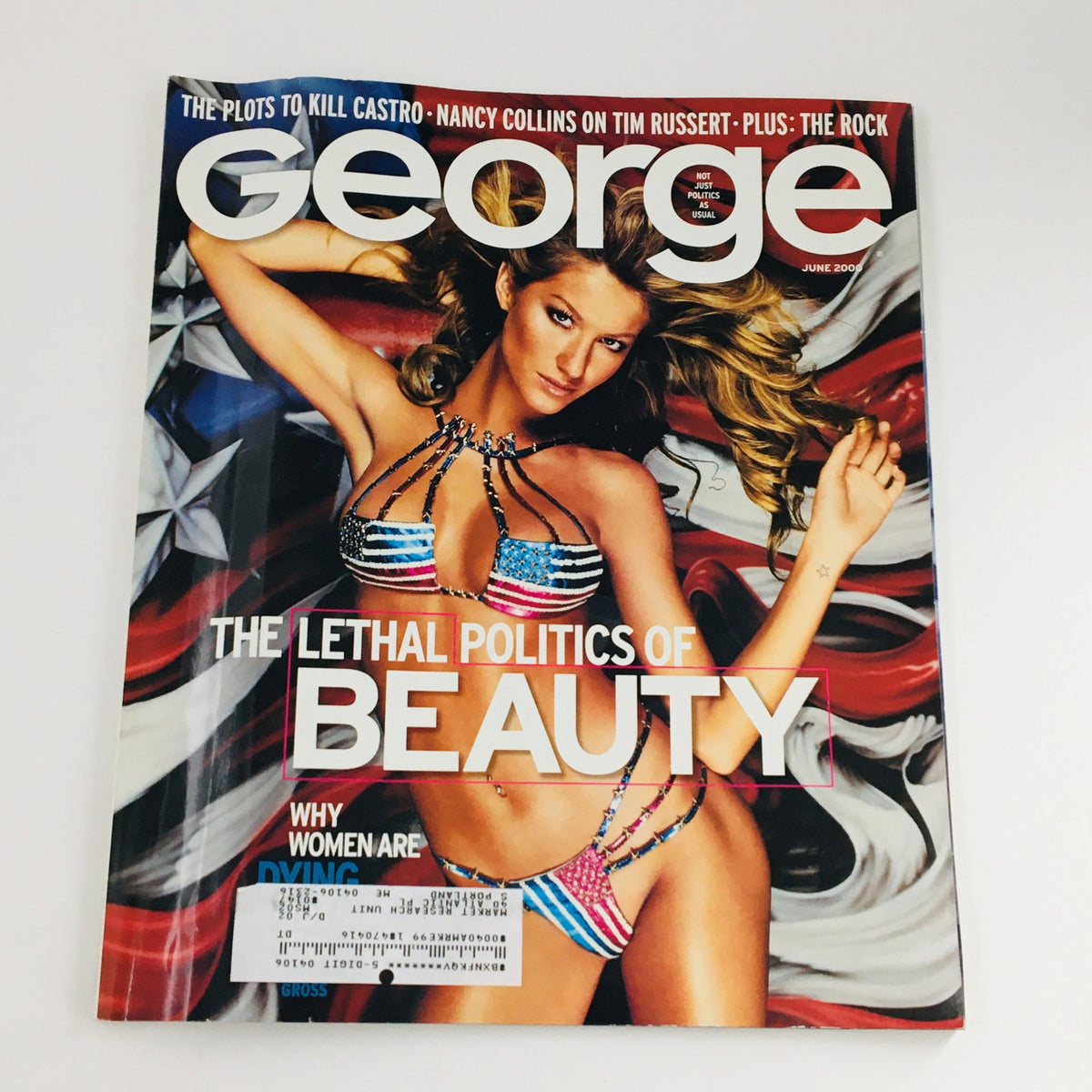Cover of George Magazine June 2000 featuring Brazilian model Gisele Bündchen, showcasing the theme 'The Lethal Politics of Beauty'.