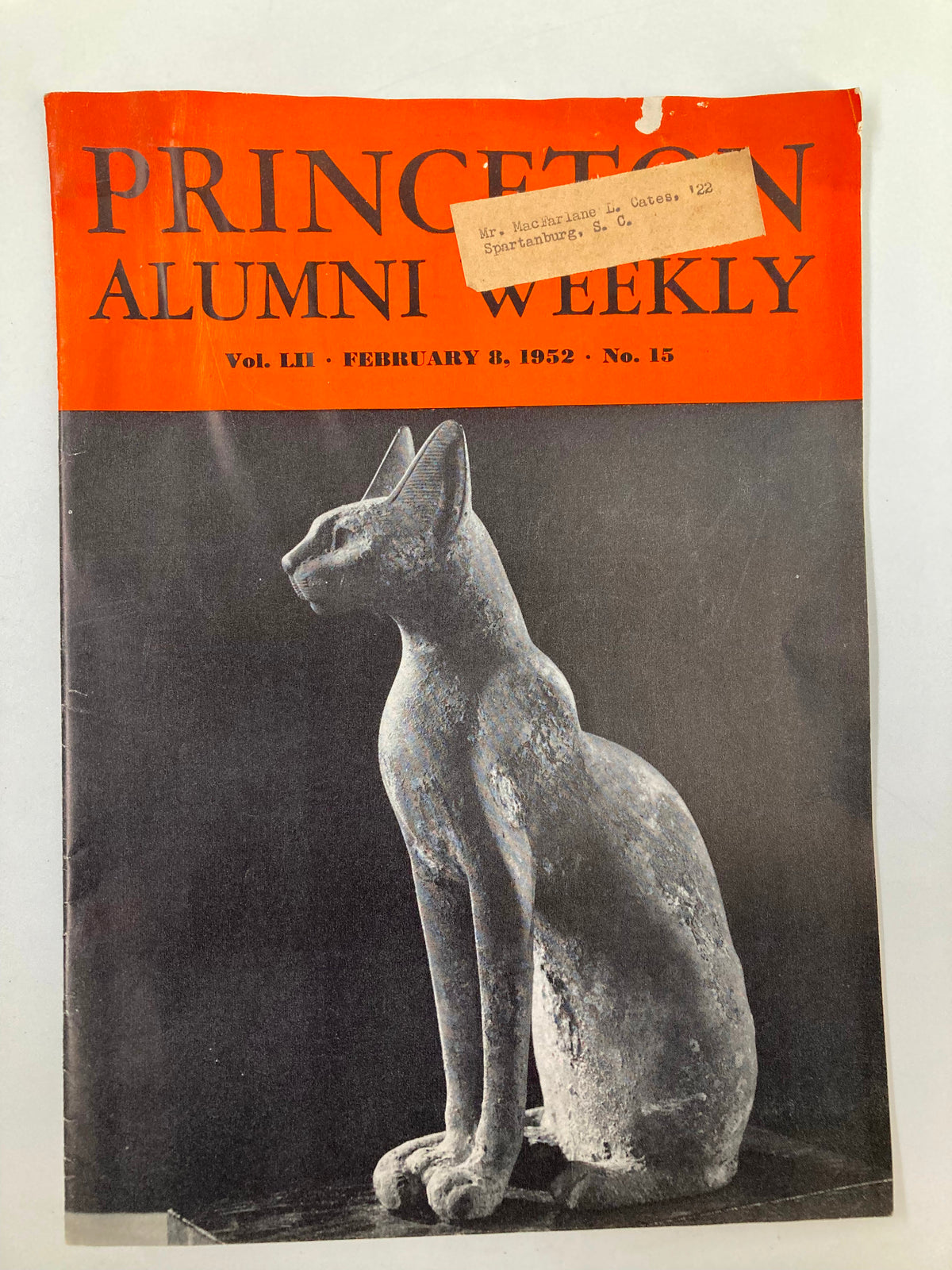 Cover of VTG Princeton Alumni Weekly February 8, 1952, featuring a sculpture of a cat with an orange header displaying the issue details.