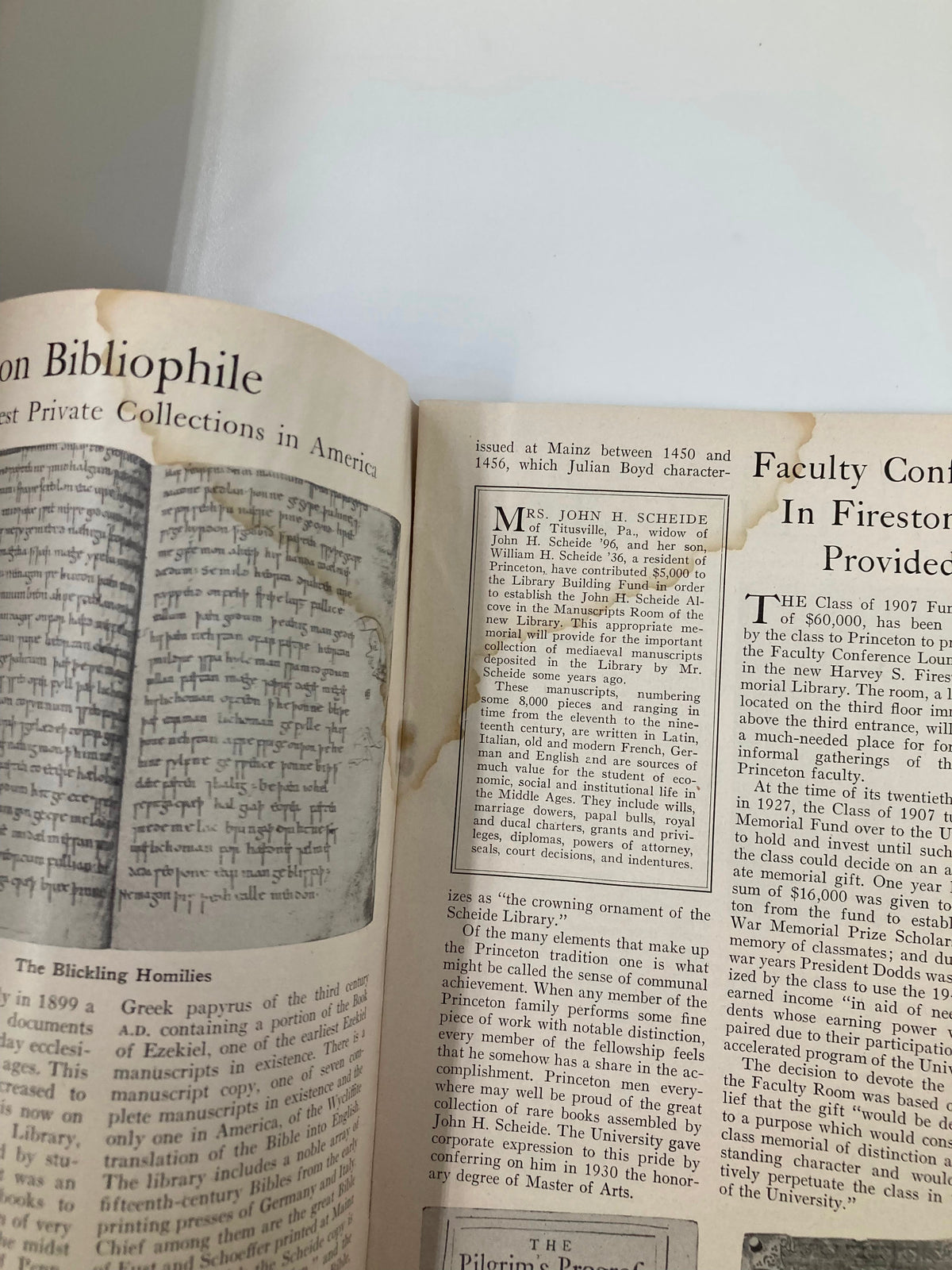 Inside page of VTG Princeton Alumni Weekly February 20, 1948, displaying text and an illustration, with visible vintage aesthetics and water damage.