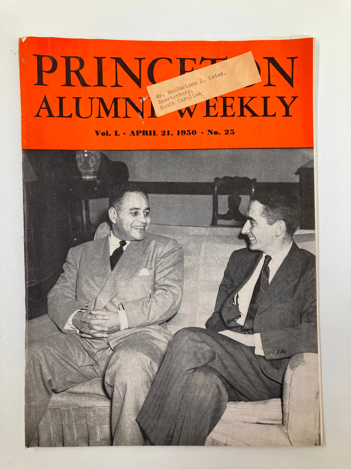 Cover of VTG Princeton Alumni Weekly April 21 1950 featuring two men seated and conversing with a label addressed to Mr. Macfarlane L. Cates, showcasing classic vintage magazine design.