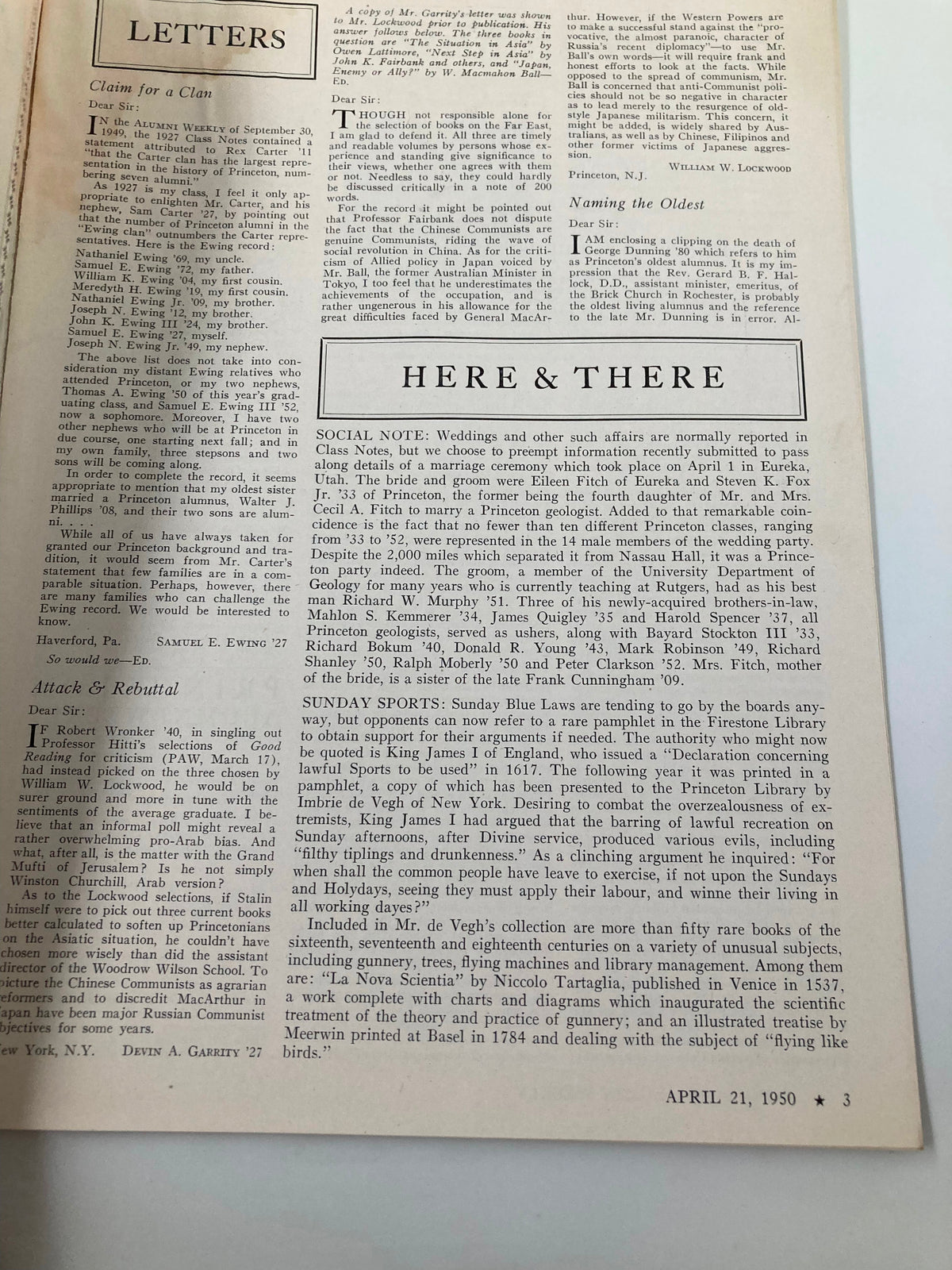 Interior page of VTG Princeton Alumni Weekly April 21 1950 displaying letters and articles, indicative of the magazine's historical context and alumni engagement.
