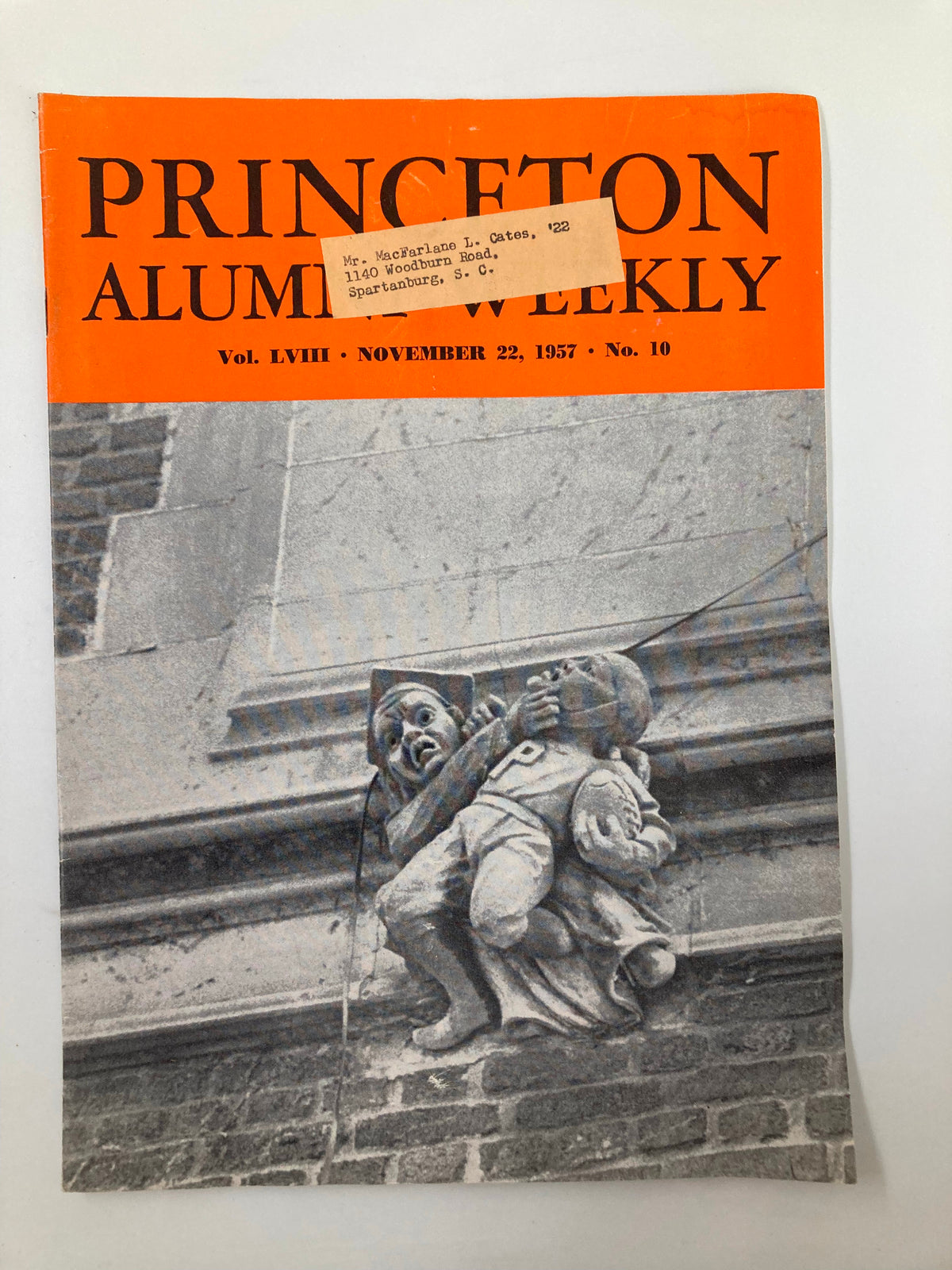Cover of VTG Princeton Alumni Weekly November 22 1957 featuring a historic illustration and a label, showcasing Princeton's rich history.