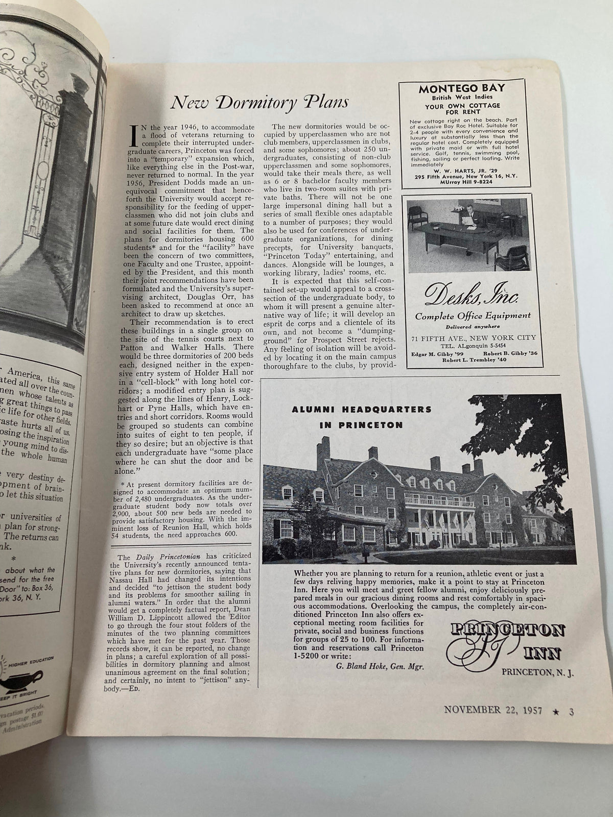 Inside page of VTG Princeton Alumni Weekly November 22 1957 displaying articles about new dormitory plans and alumni headquarters in Princeton.