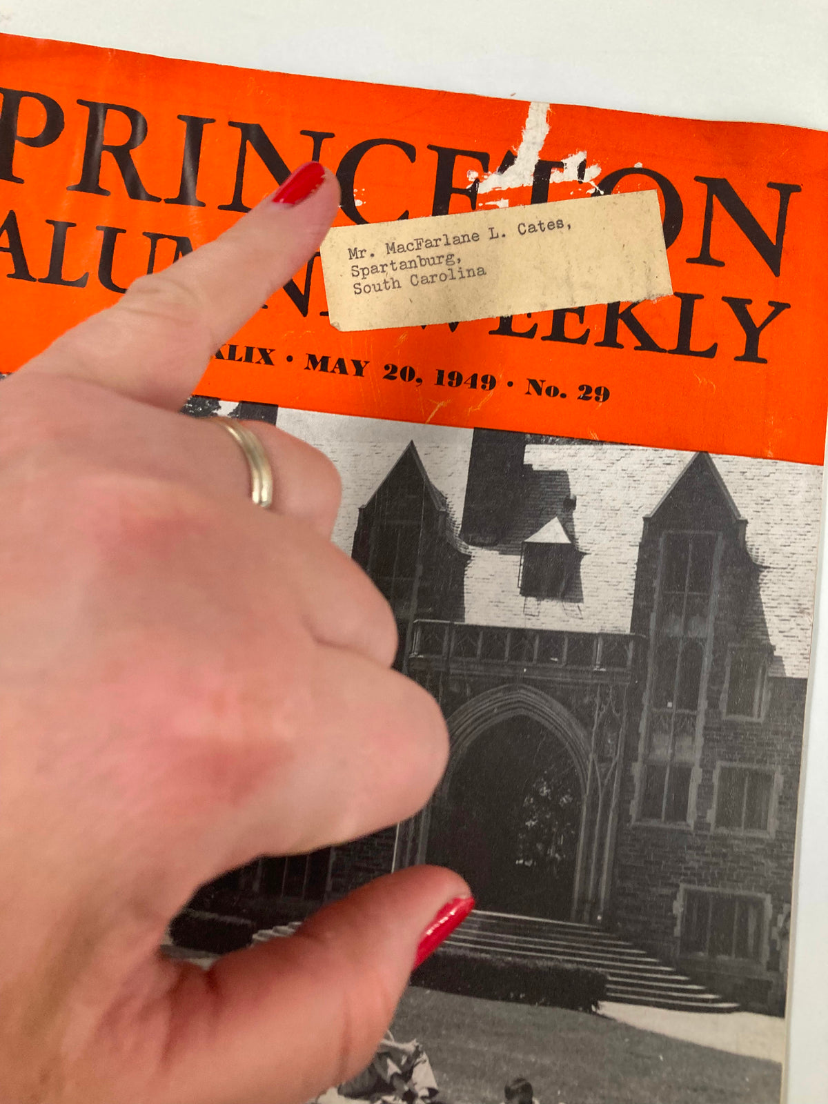 Close-up of the cover of VTG Princeton Alumni Weekly May 20 1949, highlighting the name label addressed to Mr. MacFarlane L. Cates.