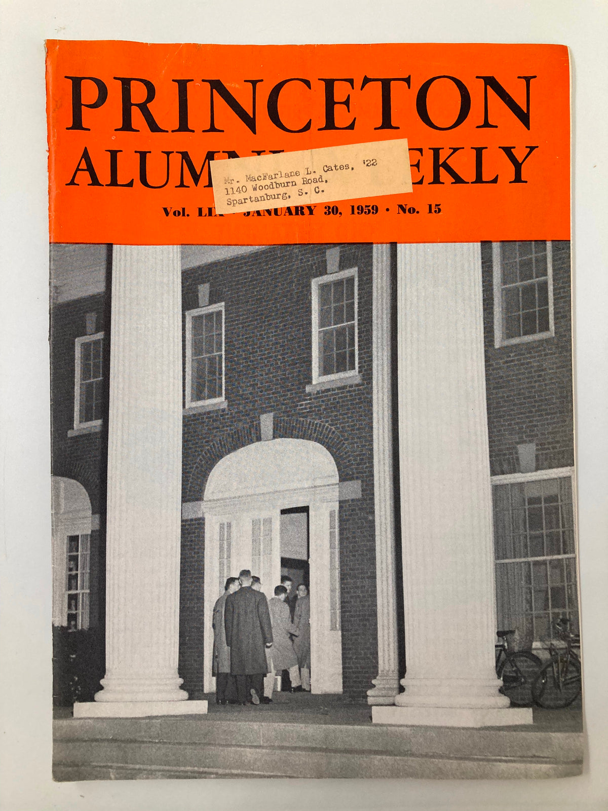 Cover of VTG Princeton Alumni Weekly dated January 30, 1959, featuring a group of alumni gathered at the entrance of a building, showcasing the headline 'The Alumni's Having a Meeting.' The magazine represents Princeton University alumni culture from the late 1950s.