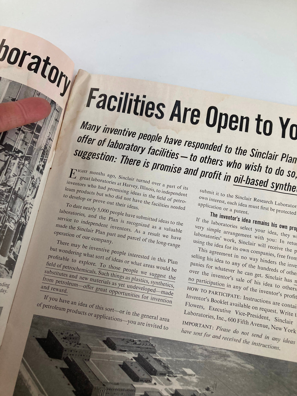 Interior page of the VTG Princeton Alumni Weekly from April 25, 1952, discussing the offering of laboratory facilities by Sinclair for inventors, emphasizing the magazine's relevance in academic and industrial innovation.