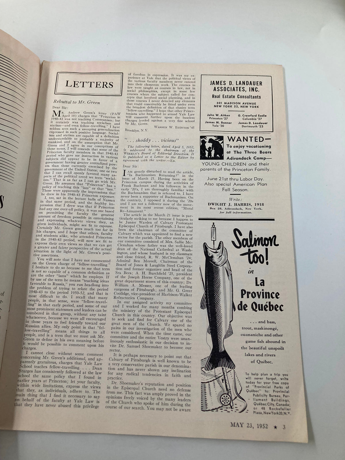 Interior view of the VTG Princeton Alumni Weekly May 23 1952 displaying an article titled 'LETTERS' discussing Mr. Andrew Green's letter, reflecting vintage print and historical context.