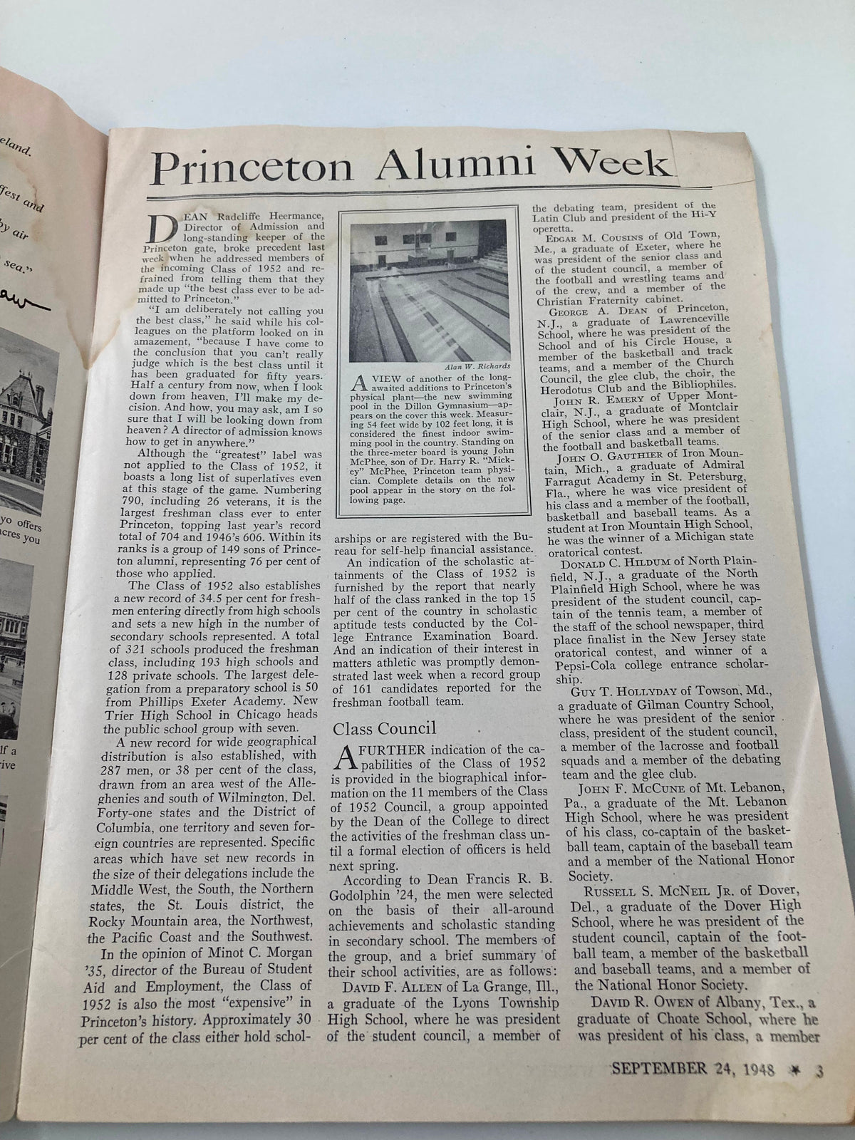 Interior page of VTG Princeton Alumni Weekly September 24 1948 displaying an article and a photo of the Dillon Gymnasium Swimming Pool, illustrating the magazine's connection to Princeton University's alumni events.