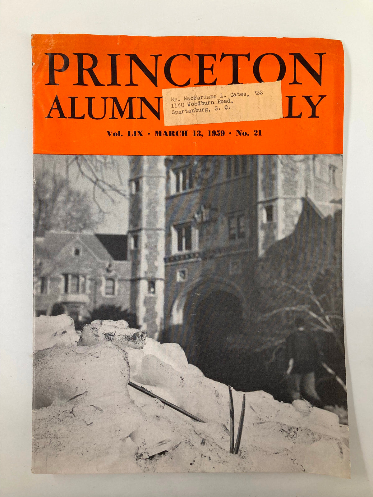 Cover of VTG Princeton Alumni Weekly dated March 13, 1959, featuring an image of the Princeton University campus and an address label. The magazine showcases history and articles relevant to Princeton alumni.